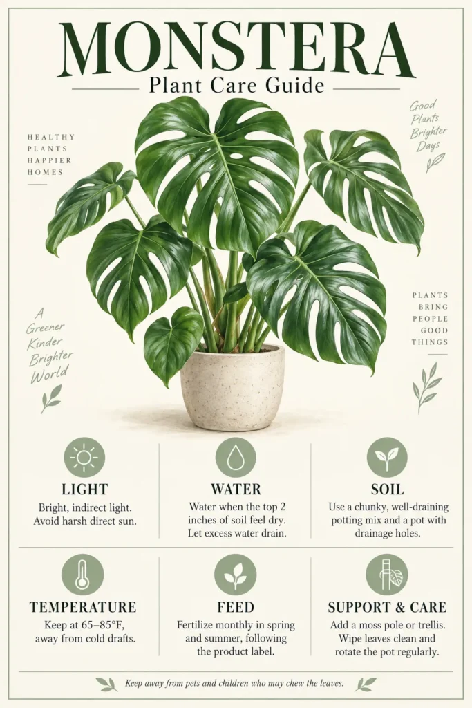 Monstera plant with split leaves in cream pot, surrounded by care guide icons for light, water, soil, temperature, feed, and support