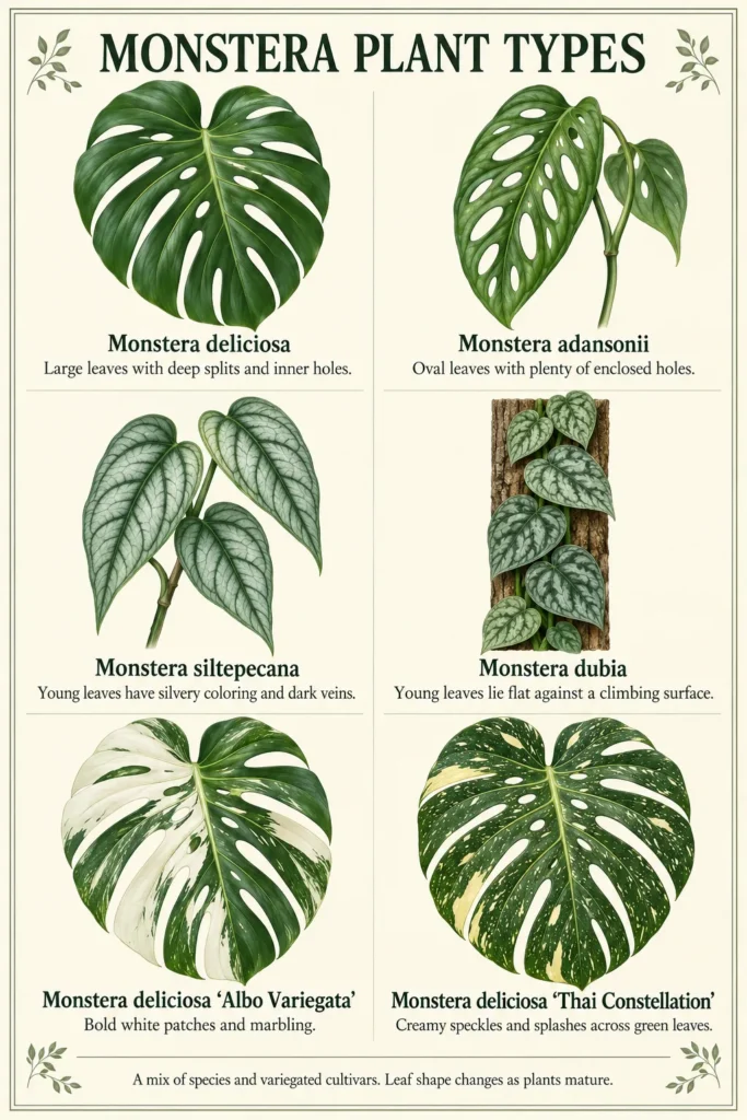 Chart showing six monstera plant varieties with different leaf patterns, including solid green, variegated white, and speckled yellow varieties