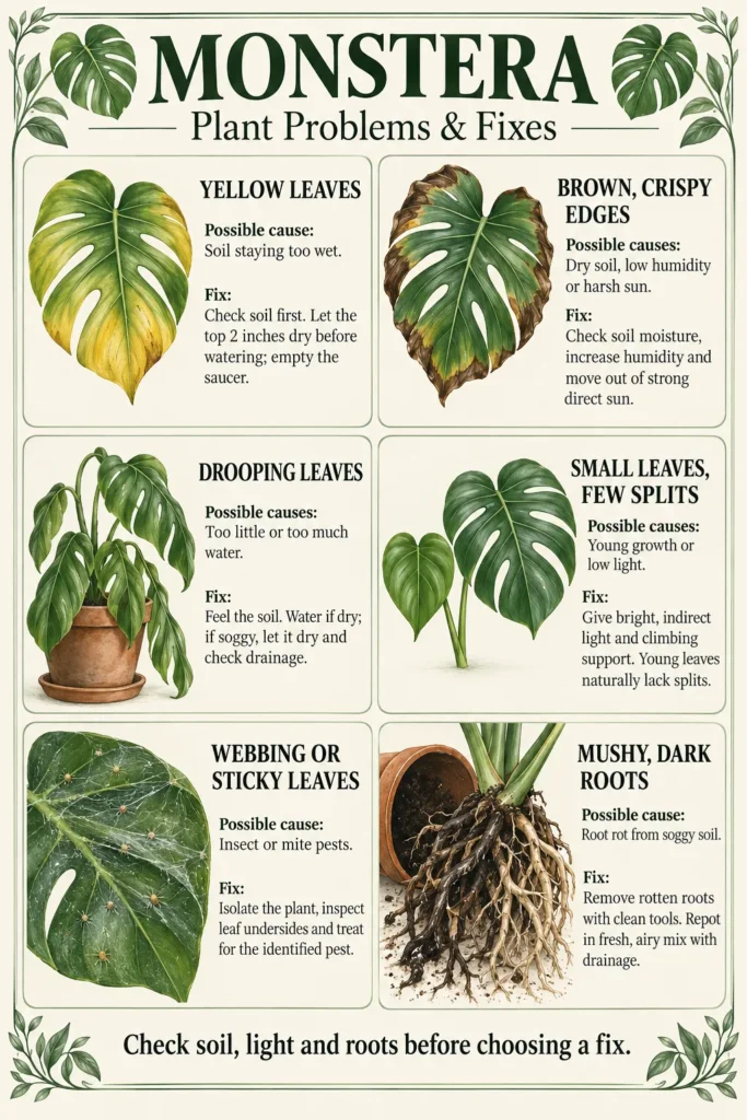 Monstera plant problems and fixes guide showing yellow leaves, brown crispy edges, drooping leaves, small leaves, webbing, and mushy roots with causes and solutions