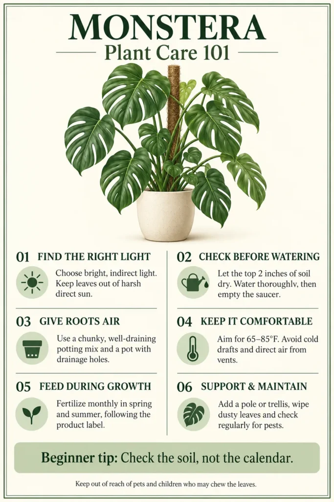 Monstera plant care guide showing a potted plant with split green leaves and six care tips including light, watering, soil, temperature, fertilizing, and maintenance