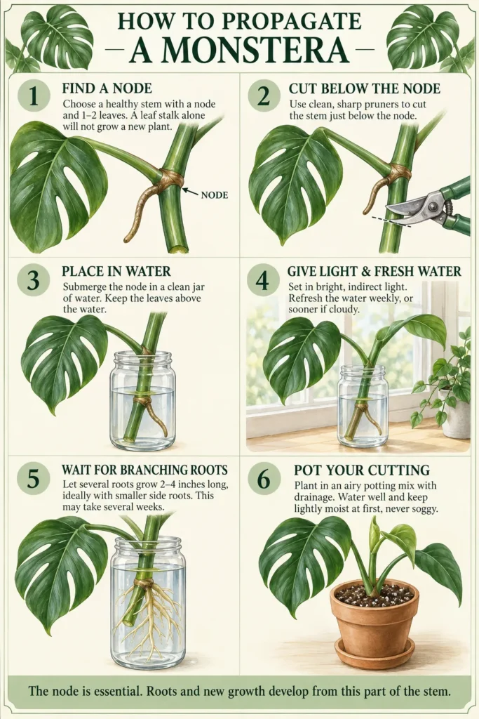 Monstera cutting in water jar showing branching roots developing from the node after several weeks