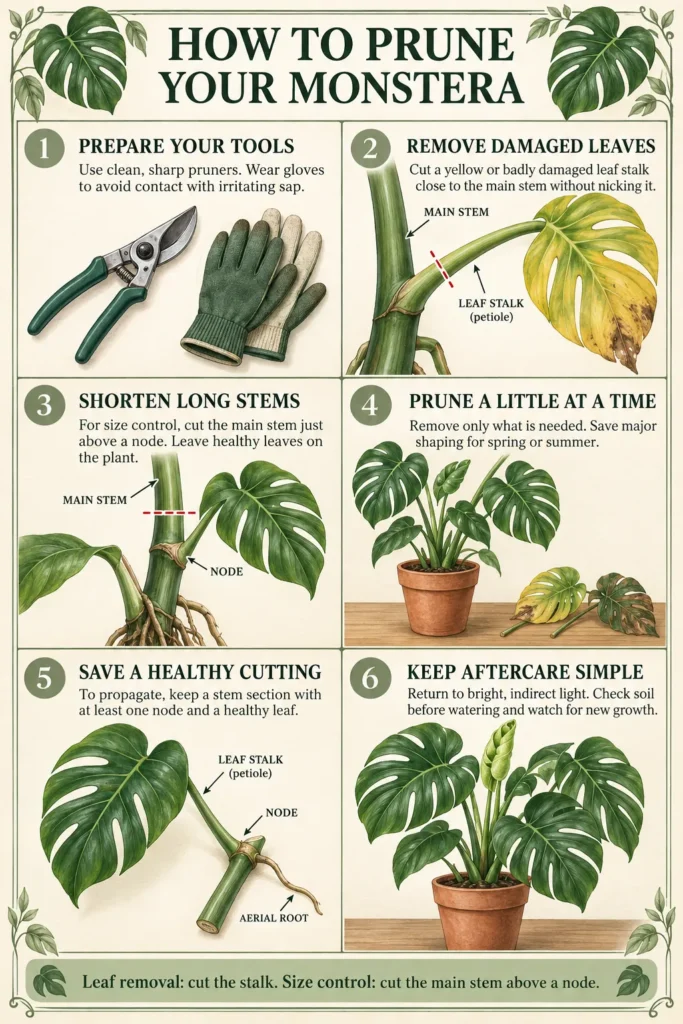 Healthy Monstera plant with lush green leaves in terracotta pot on wooden surface, showing proper aftercare with bright indirect light