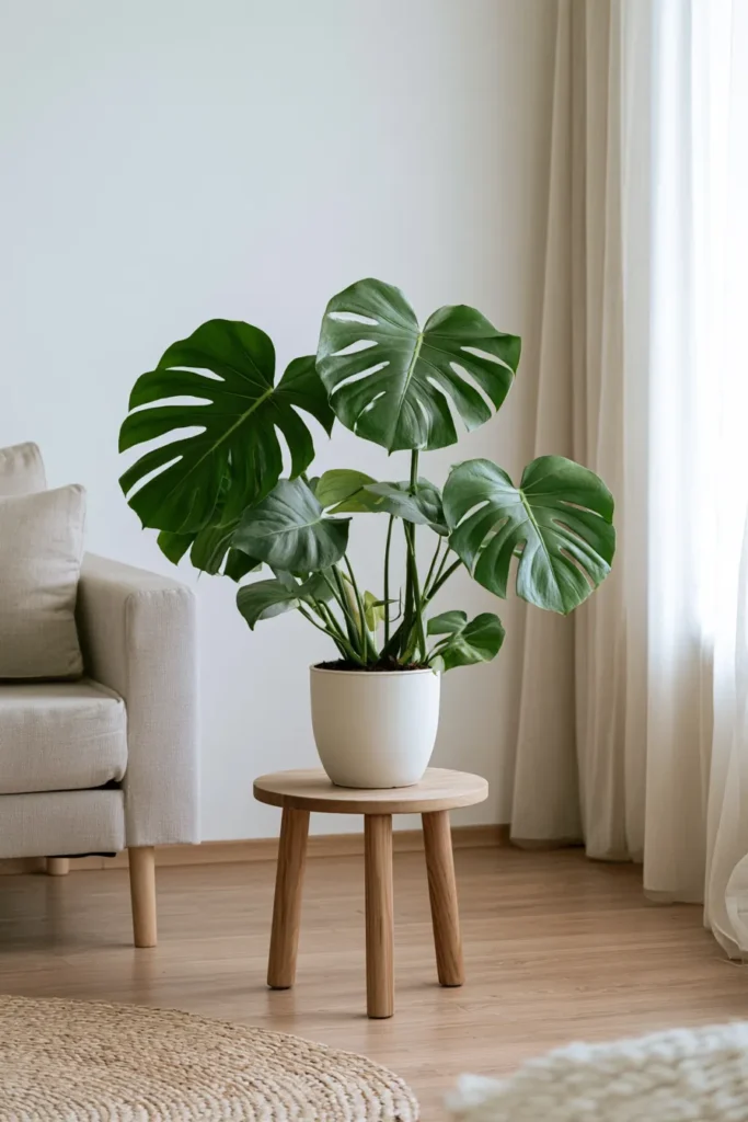 Monstera plant with split green leaves in white pot on wooden stool next to cream armchair and curtains