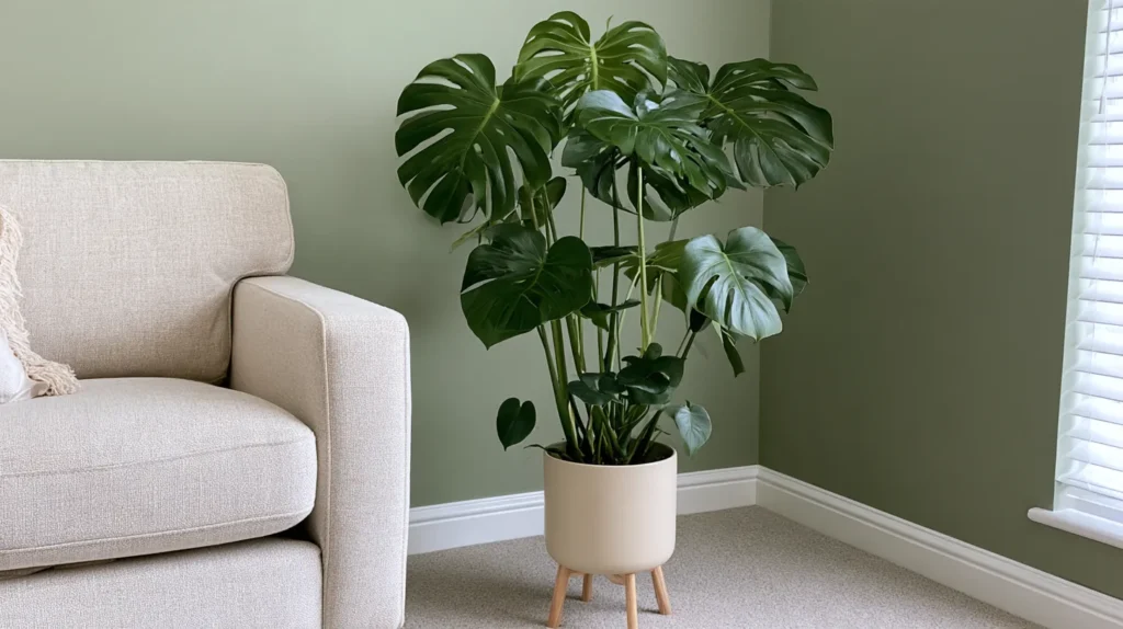 Large monstera plant with split leaves in cream pot with wooden legs, beside beige armchair in sage green room