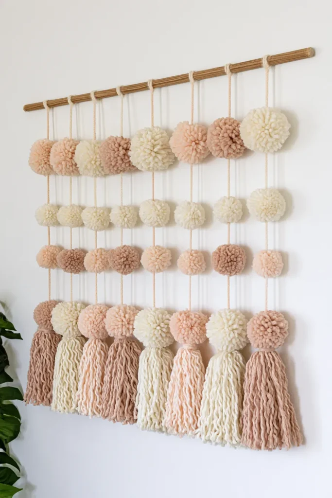 Handmade wall hanging with wooden dowel and rows of cream, peach, and tan yarn pom poms with matching tassels below