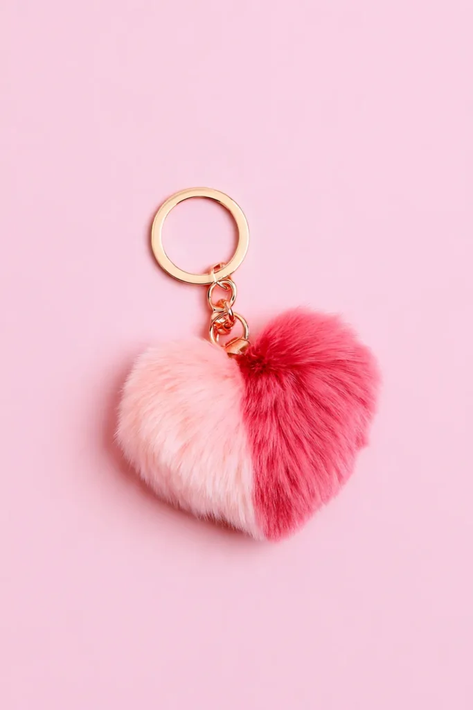 Fluffy heart-shaped pom pom keychain with light pink and hot pink halves attached to a gold ring on pink background