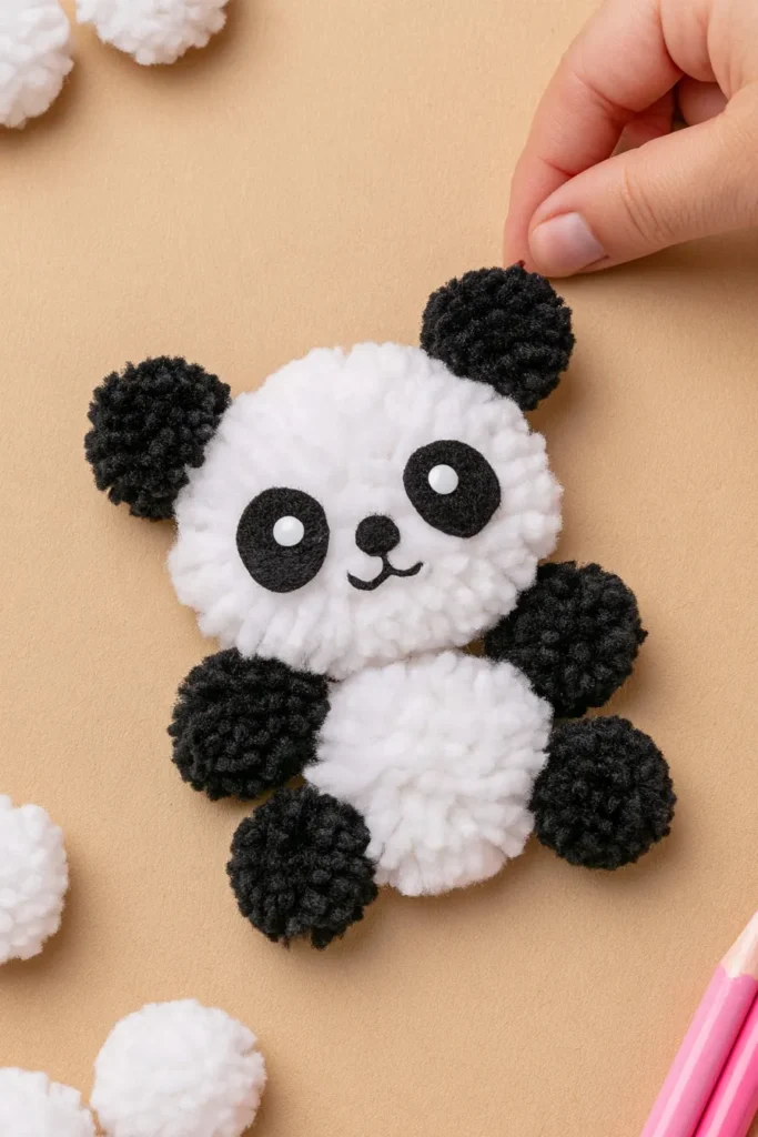 Hand holding a fluffy pom pom panda craft with white body, black ears, limbs, and embroidered face on tan background