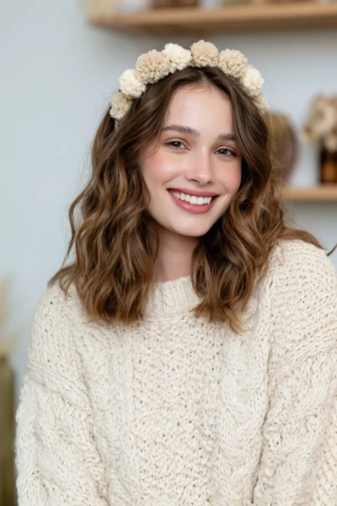 Young woman with wavy brown hair wearing a cream knit sweater and cream pom pom flower crown headband, smiling at camera indoors