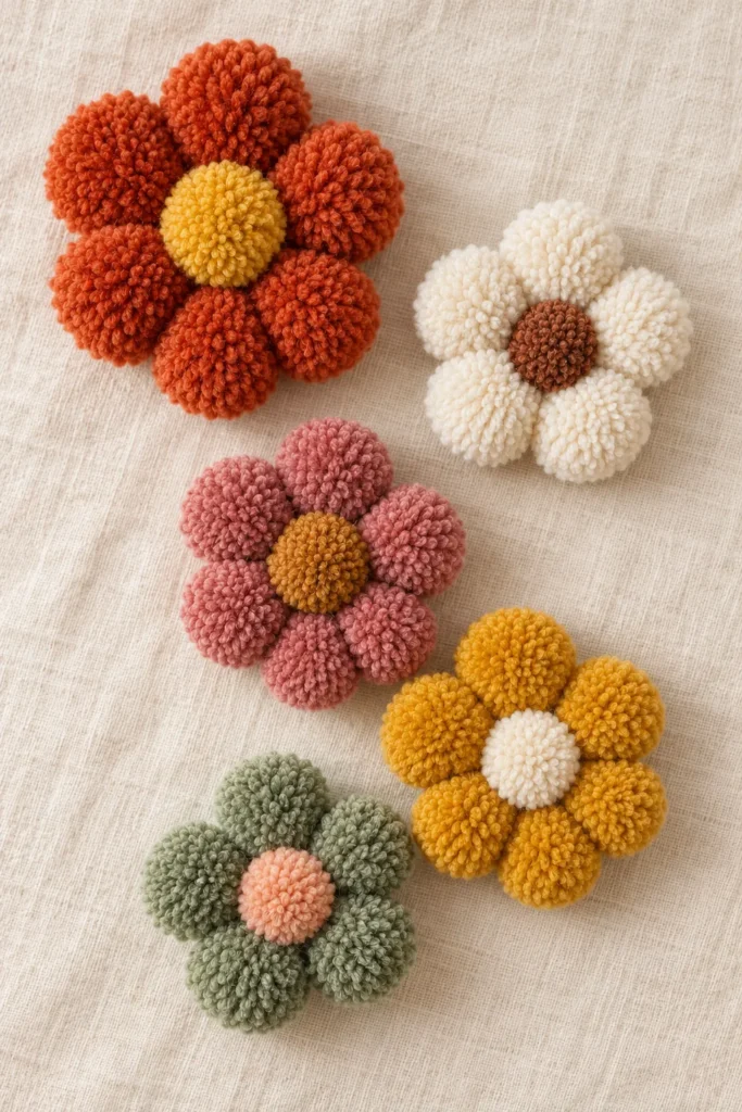 Five colorful pom pom flowers in orange, pink, cream, gold, and sage green arranged on a linen surface