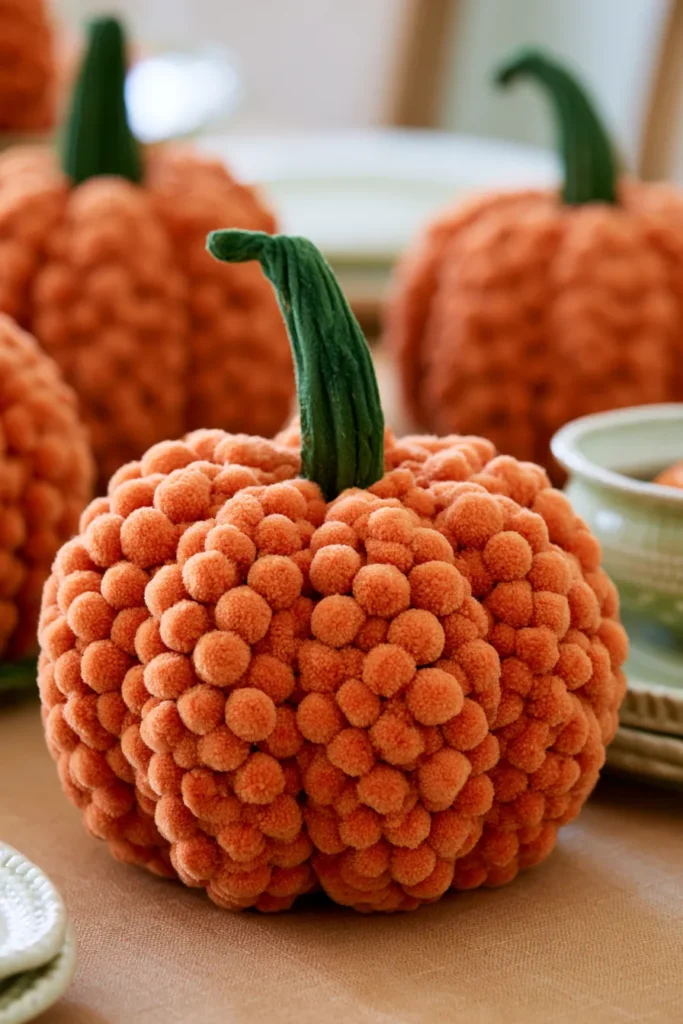 Pom pom pumpkin made from orange yarn balls clustered together with a green stem, displayed on a tan surface among other decorative pumpkins