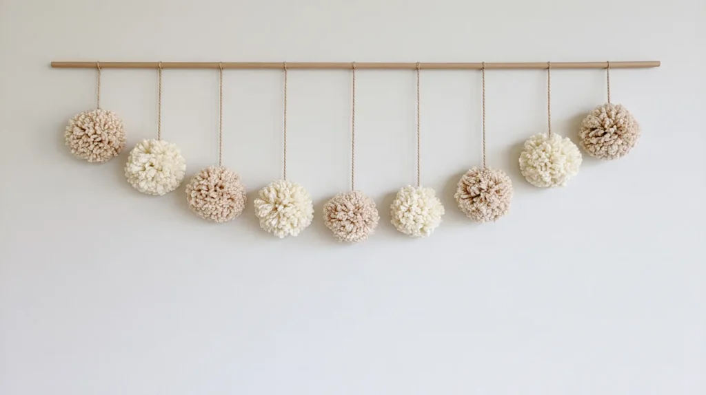 Ten cream and tan pom poms hanging from twine on a wooden rod against a white wall