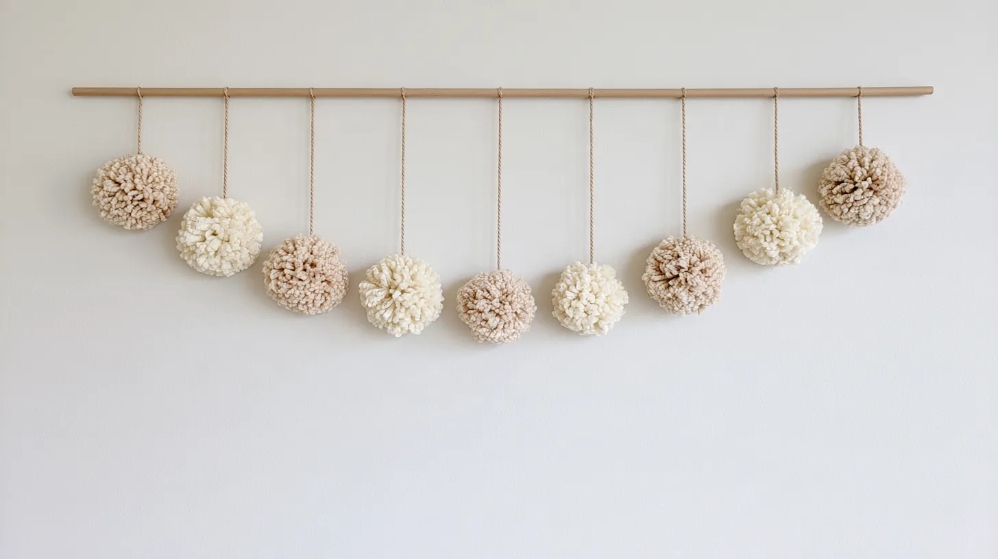 Ten cream and tan pom poms hanging from twine on a wooden rod against a white wall