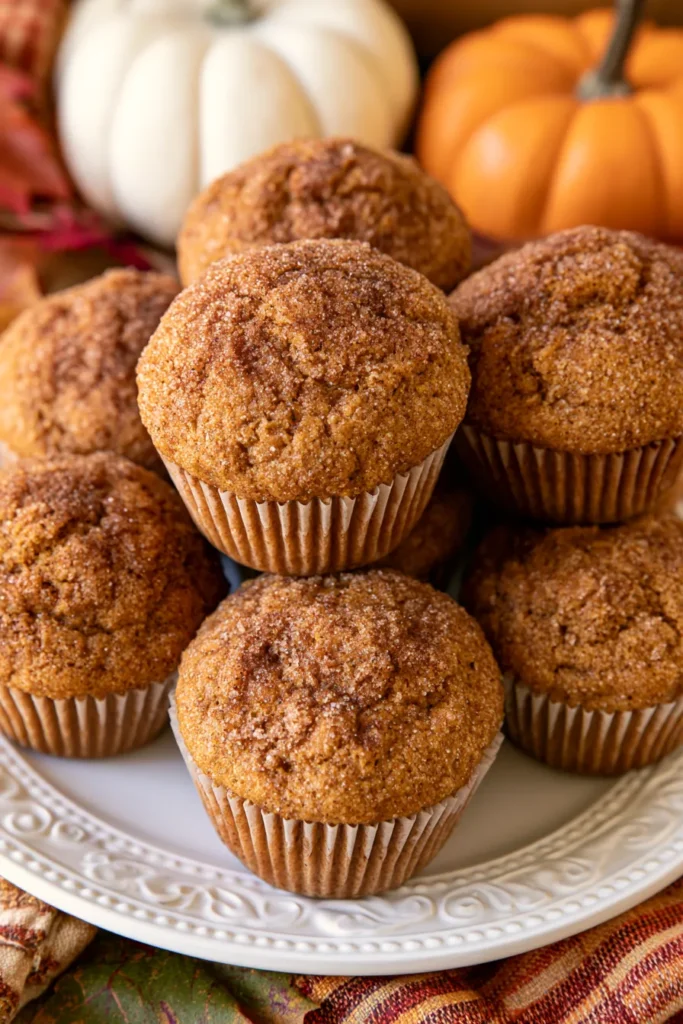 Soft pumpkin cinnamon muffins with cinnamon sugar topping on a white plate, surrounded by white and orange decorative pumpkins
