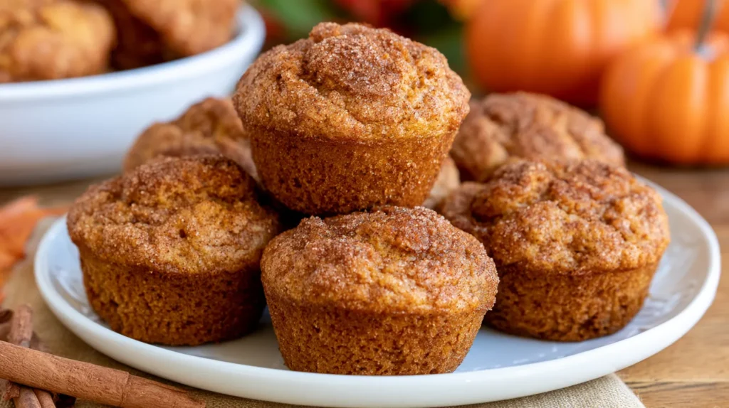 Soft pumpkin cinnamon muffins with cinnamon-sugar coating on a white plate, surrounded by whole pumpkins and cinnamon sticks