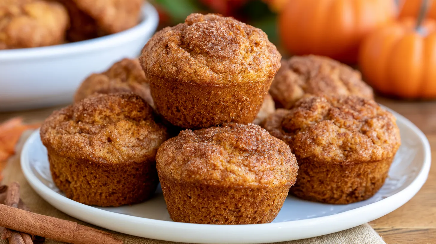 Soft pumpkin cinnamon muffins with cinnamon-sugar coating on a white plate, surrounded by whole pumpkins and cinnamon sticks