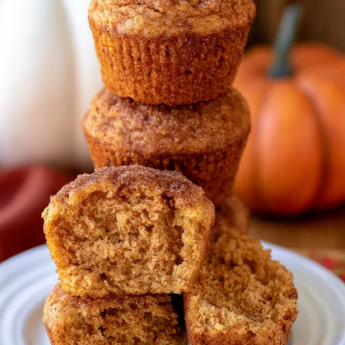 Stack of cinnamon sugar pumpkin muffins on white plate with pumpkins and white gourd in background