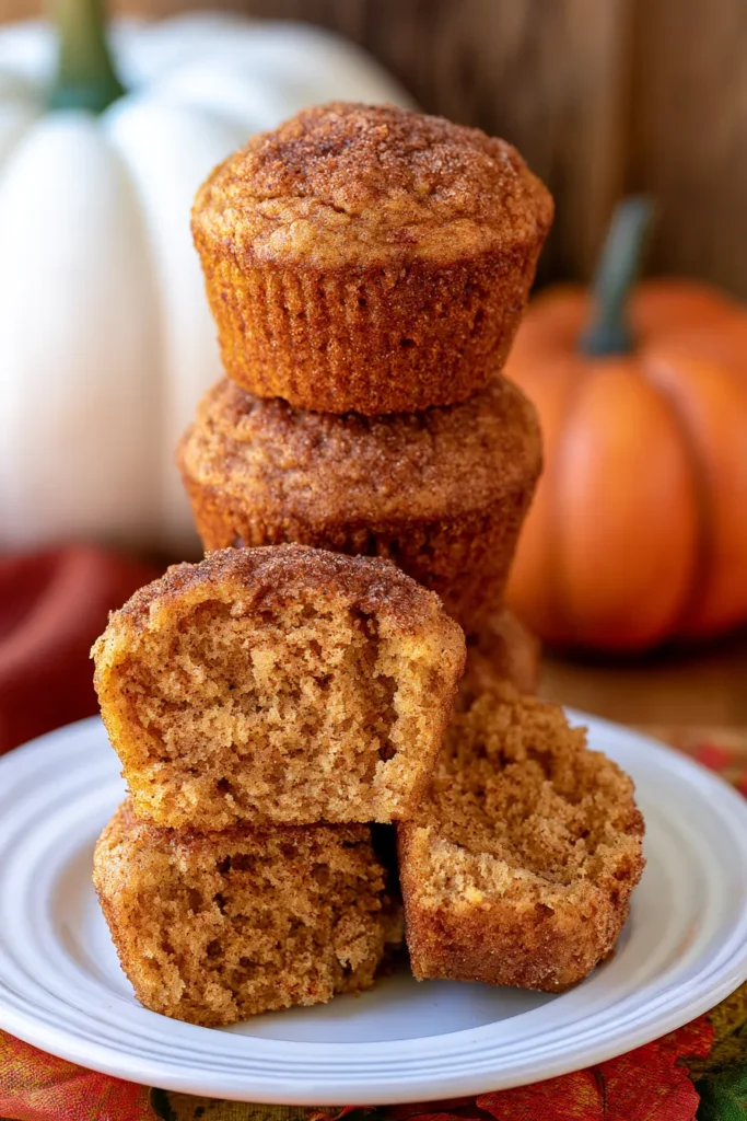 Stack of cinnamon sugar pumpkin muffins on white plate with pumpkins and white gourd in background