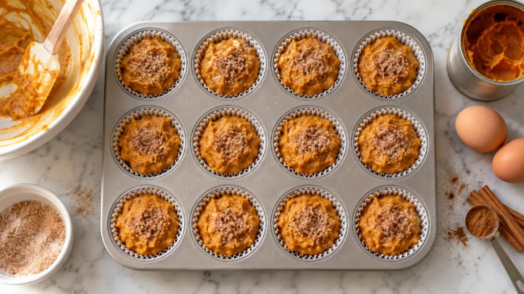 Twelve pumpkin cinnamon muffins in a metal tin topped with cinnamon sugar, surrounded by baking ingredients on marble countertop