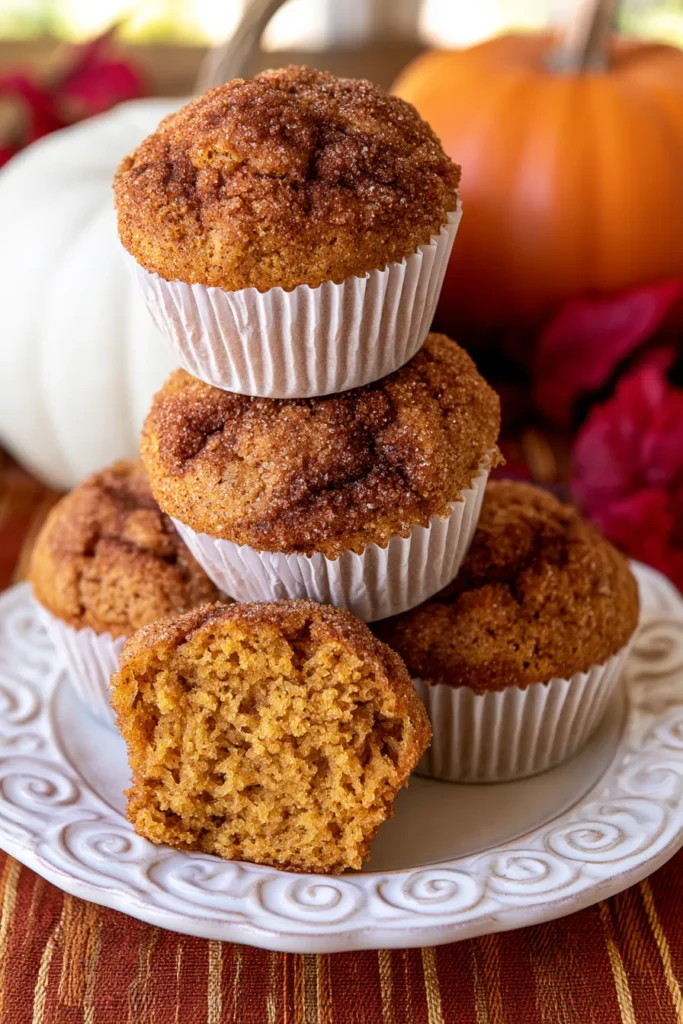Stacked cinnamon sugar muffins with one cut open to show the moist pumpkin cake interior, displayed on a decorative white plate with autumn gourds blurred in background