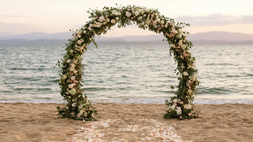 Ornate floral wedding arch with white roses and greenery on sandy beach with ocean backdrop