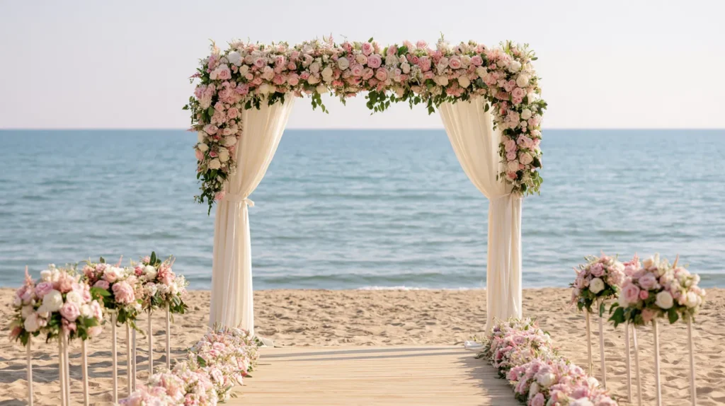 Elegant white wedding arch with pink and cream florals on sandy beach, framed by ocean and sky with wooden aisle and matching floral arrangements