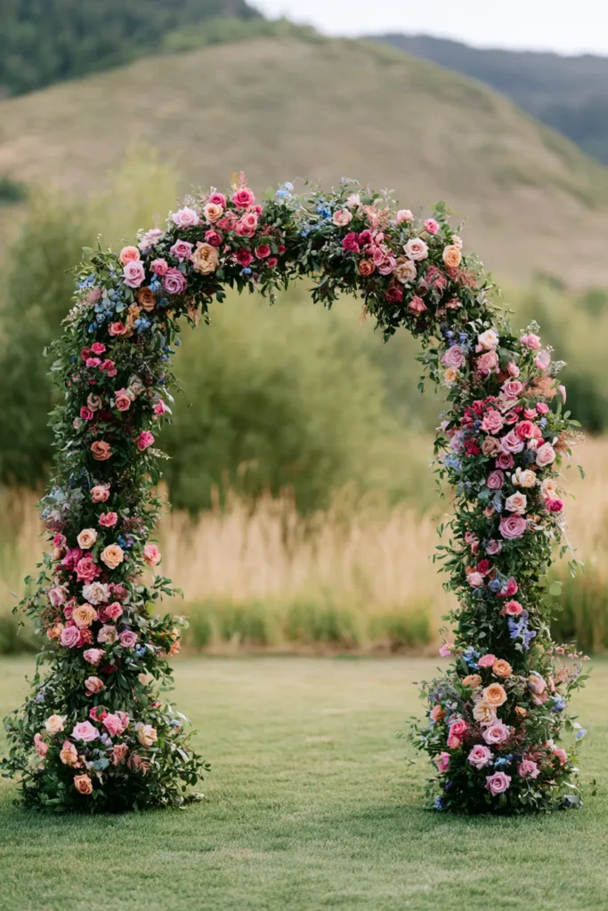 Ornate floral wedding arch with pink, coral, and lavender roses on green lawn, rolling hills behind