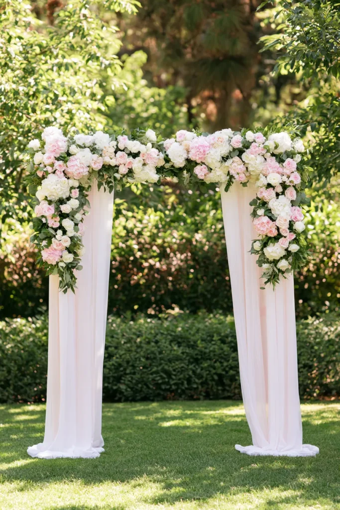 White fabric-draped wedding arch with pink and white carnation flowers in a sunny garden setting