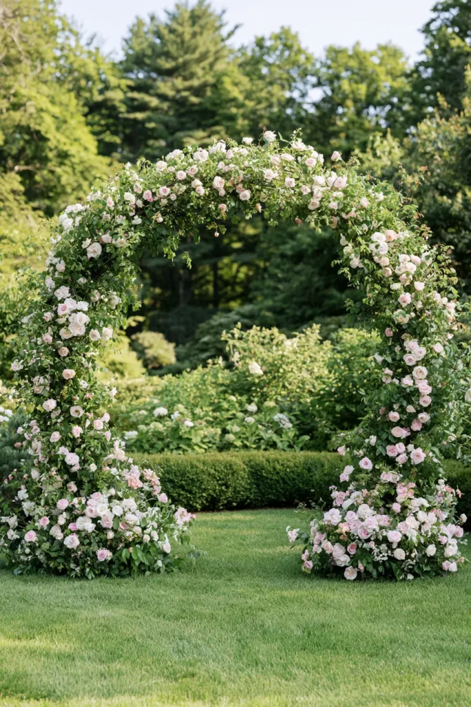 Flowering garden arch with pale pink roses on a manicured lawn, green hedges and tall trees in the background