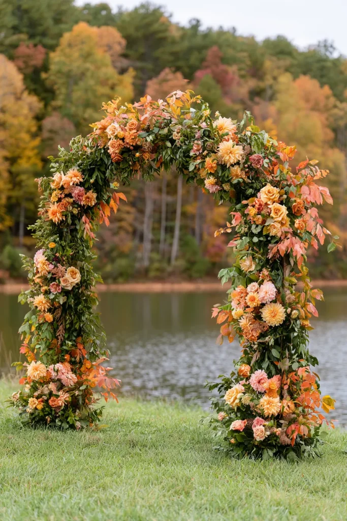 Autumn wedding arch decorated with orange and peach roses and dahlias on a lakeside lawn, with fall foliage trees in the background