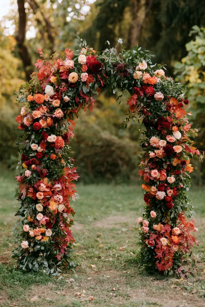 Lush floral wedding arch with coral, peach, and deep red roses and dahlias arranged on greenery-wrapped frame in garden setting