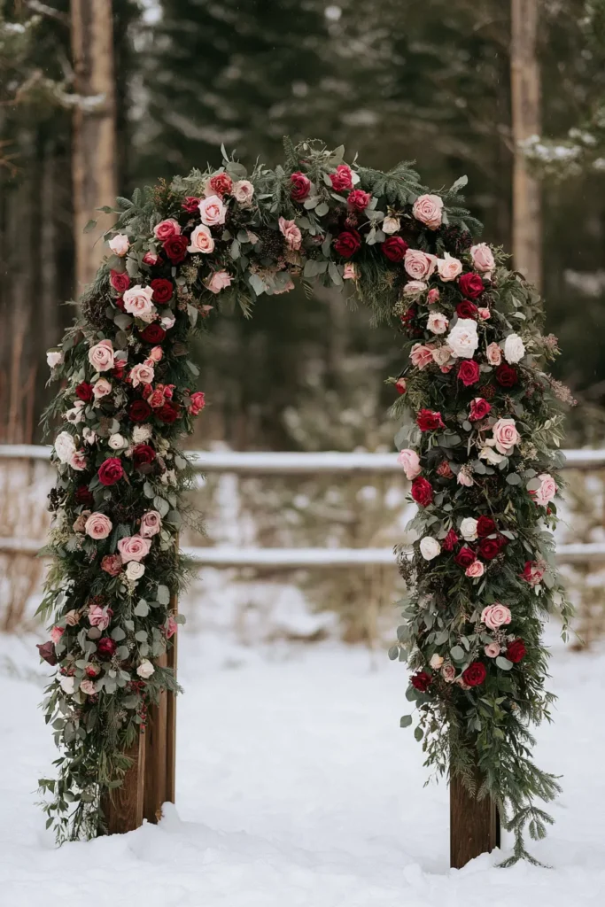 Wooden wedding arch draped with cascading roses in blush, ivory, and deep red with lush green foliage, set in snowy outdoor setting
