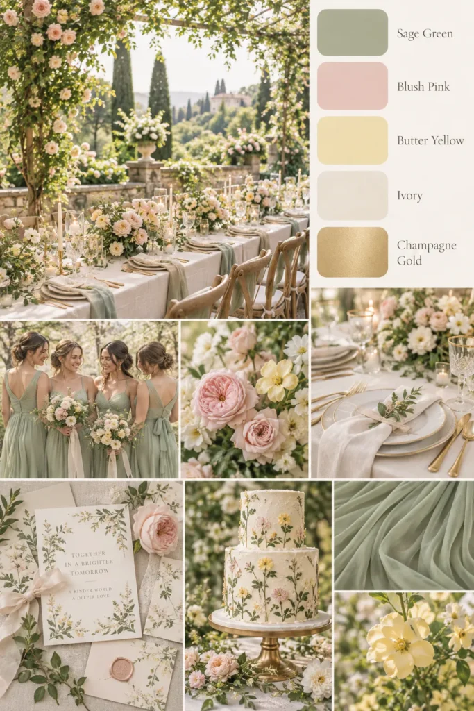 Tuscany-inspired wedding color palette featuring sage green, blush pink, butter yellow, ivory, and champagne gold displayed across tablescape, bridesmaid dresses, floral arrangements, and cake details