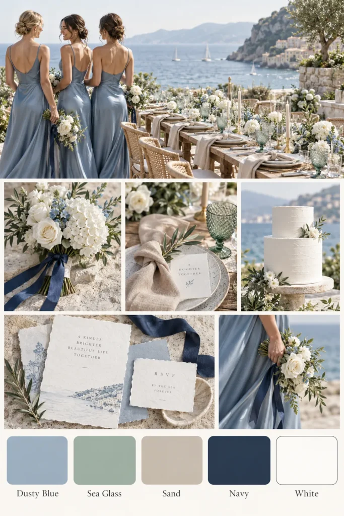Three bridesmaids in dusty blue gowns stand at a Mediterranean seaside wedding setup with white floral arrangements, sailboats visible on blue water, and a tiered white cake