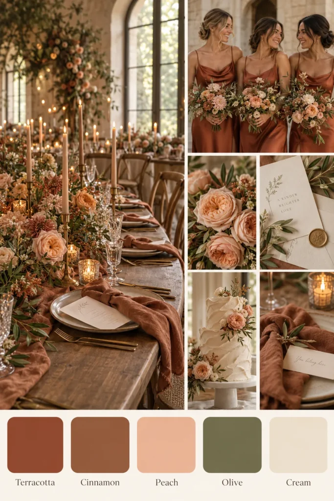 Elegant wedding reception with terracotta bridesmaid dresses, peachy roses, and candlelit table settings in warm earth tones