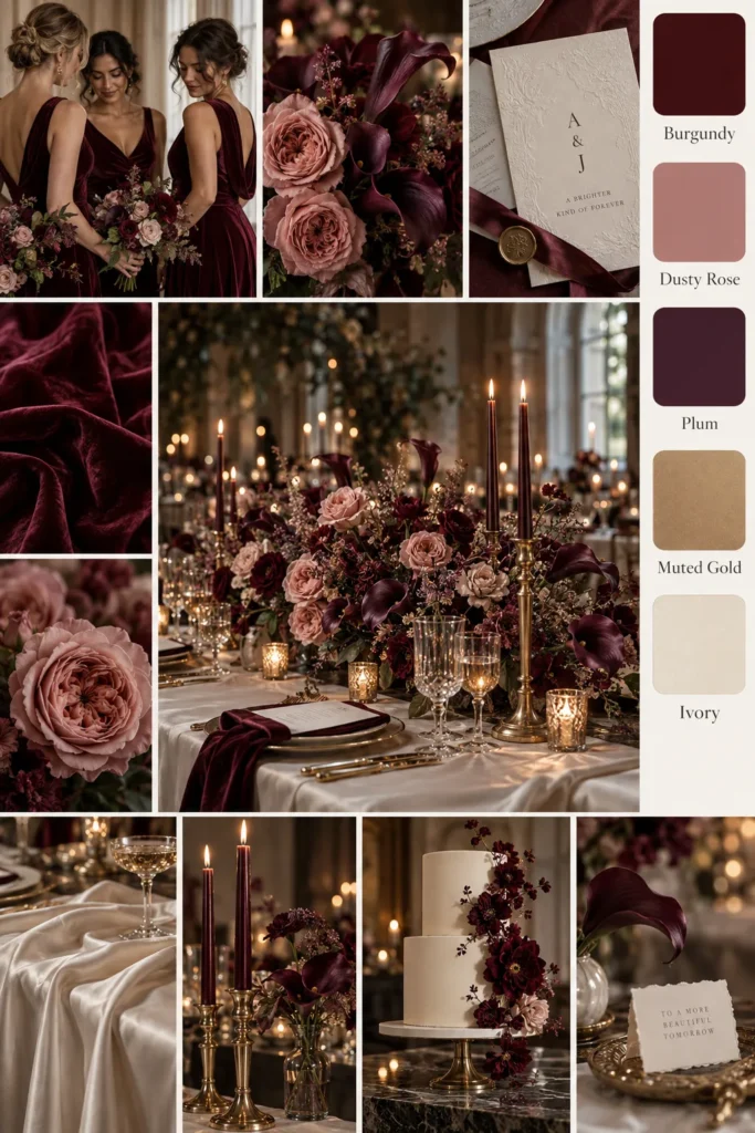Burgundy and dusty rose wedding inspiration board with bridesmaids in wine dresses, garden roses, candlelit tablescape, gold candelabra, and color palette swatches