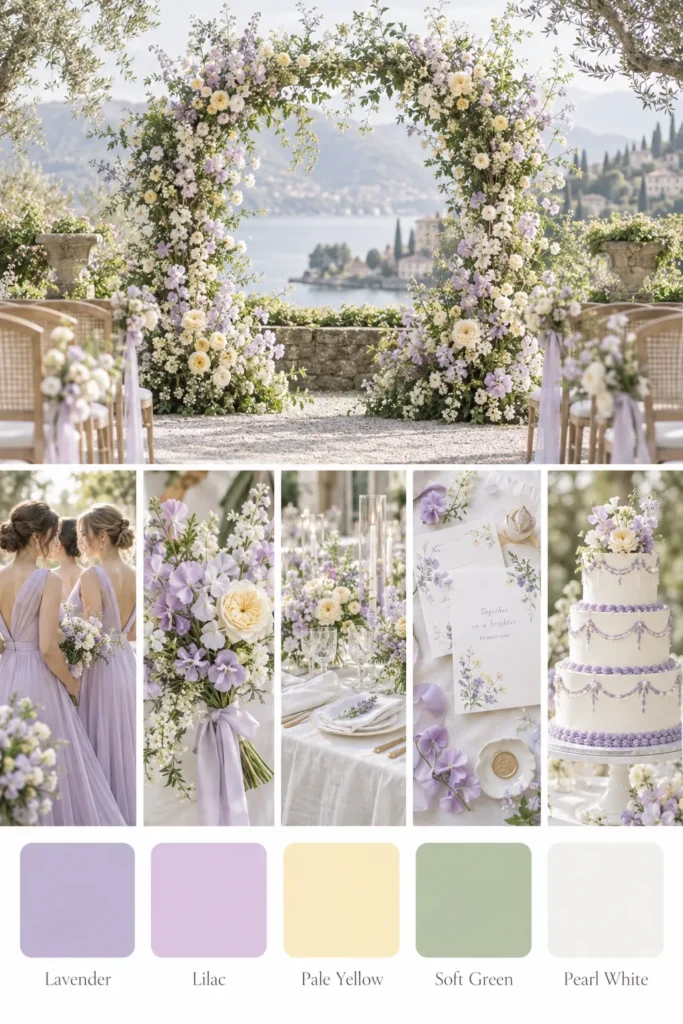 Elegant lakeside wedding inspiration with floral arch in lavender and cream, bridesmaid in lilac dress, tiered cake with purple details, and color palette swatches below