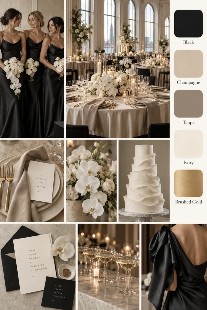 Elegant wedding color palette combining black bridesmaids dresses with white flowers, champagne linens, and gold accents in a modern ballroom setting