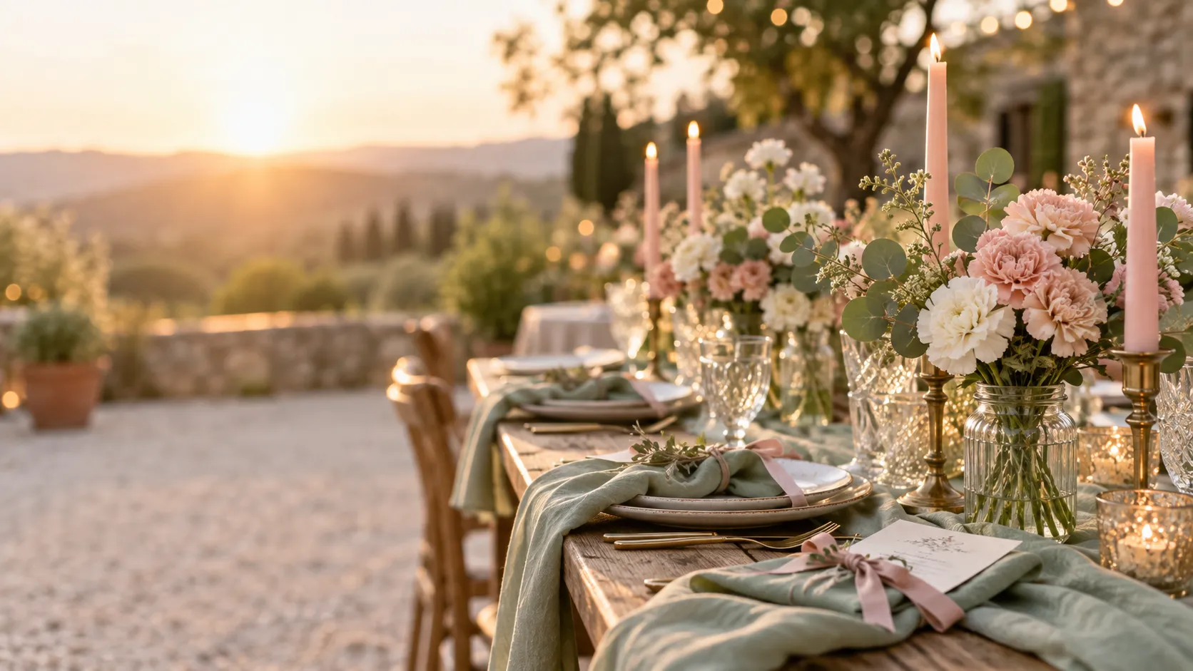 Elegant outdoor Tuscan-style wedding table with sage green linens, pink carnations, white flowers, and lit candles overlooking rolling hills at sunset